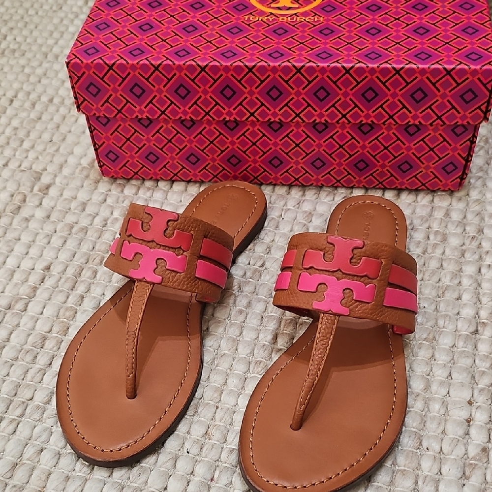 Tory Burch Pink and Tan Sandals with T-Strap Design
